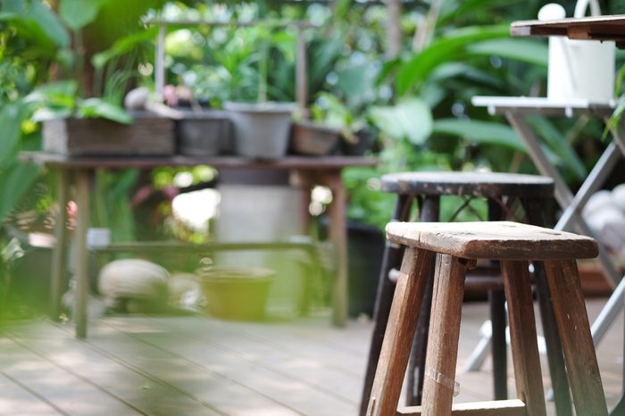 wooden stool in green Garden