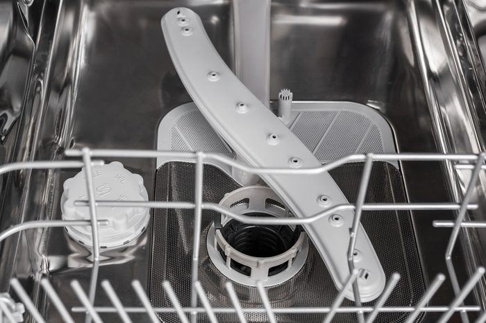 the dishwasher carriage. Dishwasher from the inside close up