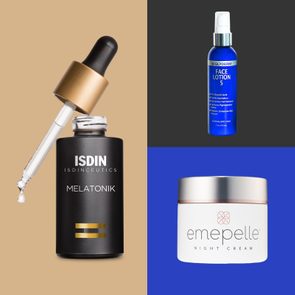 Dropper releasing liquid from ISDIN bottle; Glyderm face lotion on the right; Emepelle night cream below on blue and beige backgrounds.