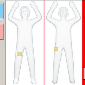 Two humanoid figures stand with raised arms; scans highlight leg area. 