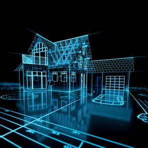 Three-dimensional blue wireframe house emerges from a detailed architectural blueprint, set against a black background.