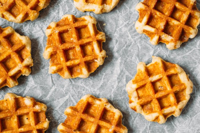 Belgian waffles background. Flat lay, top view