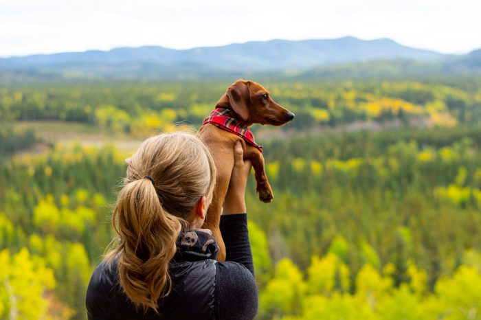 Blonde girl holding up small brown dachshund in front of a beautiful landscape