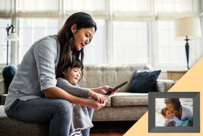 woman looking through her phone; with suggested product