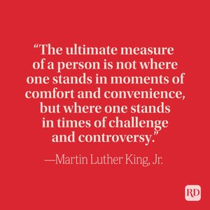 Quote text emphasizes character during adversity, authored by Martin Luther King, Jr., displayed on a solid red background.