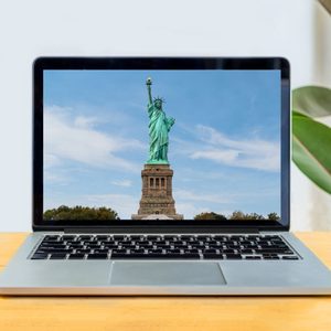 Laptop displays the Statue of Liberty, positioned on a wooden surface, with a plant in the background.