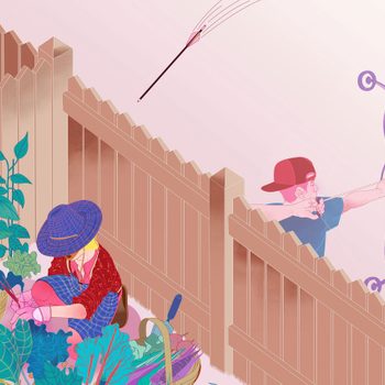 Archer with purple bow releases arrow over wooden fence; gardener tends plants below.