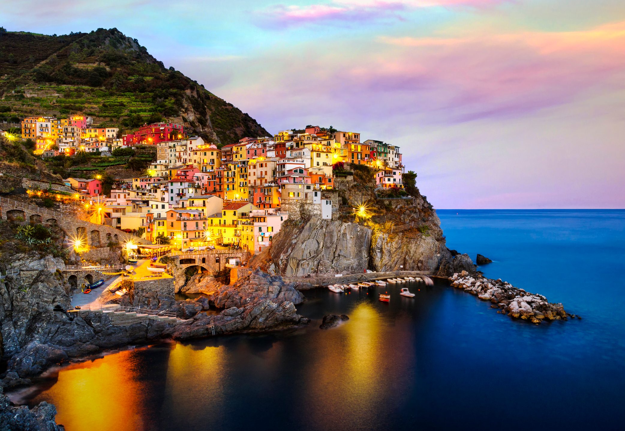 Manarola cinque terre italy sunset blue hour long exposure clouds colour