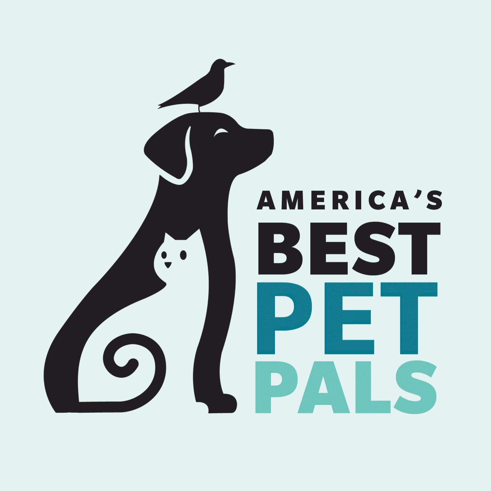 Silhouette of a dog with a cat inside, bird on its head, next to text: