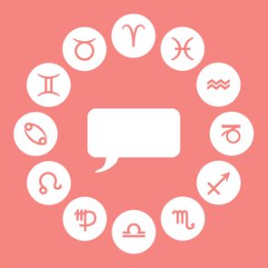 White speech bubble surrounded by zodiac symbols in a circular arrangement on a pink background.
