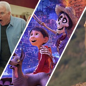 A collage with: a person surprised indoors; animated characters with a city background; a lion cub raised on a rocky terrain.