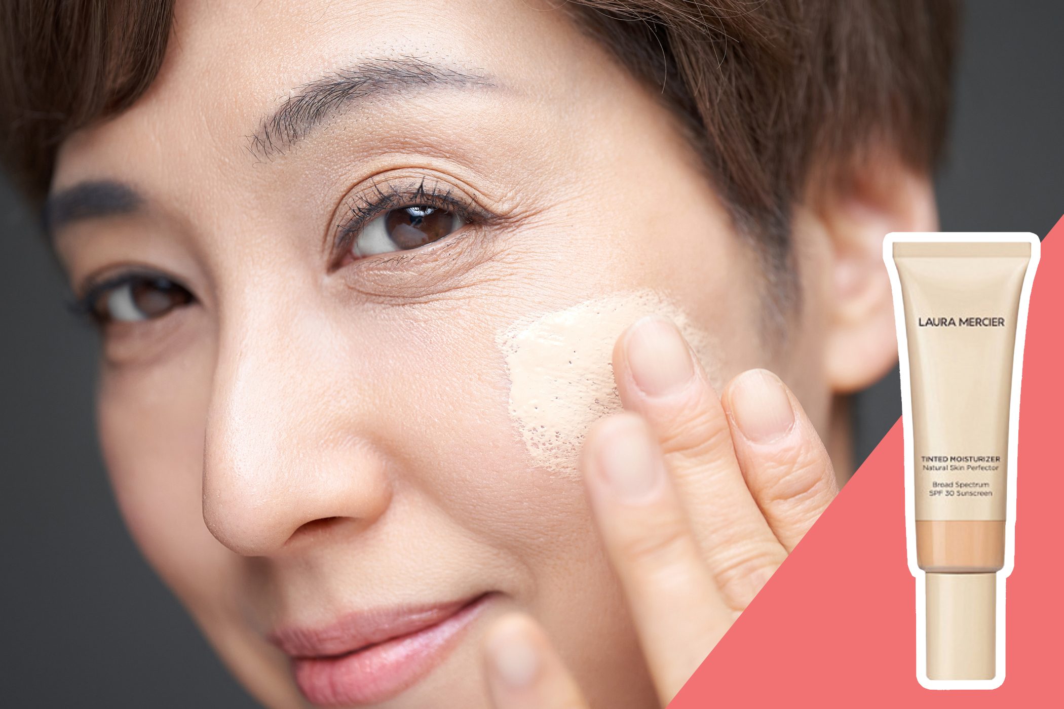 inset of tinted moisturizer on inset of woman applying makeup