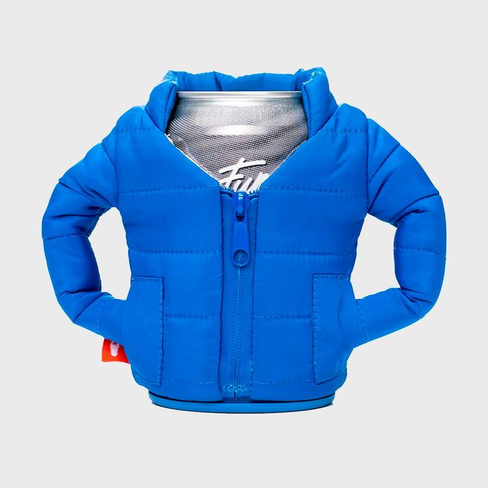 A blue insulated jacket is wrapped around a beverage can, with text partially visible, set against a plain background.