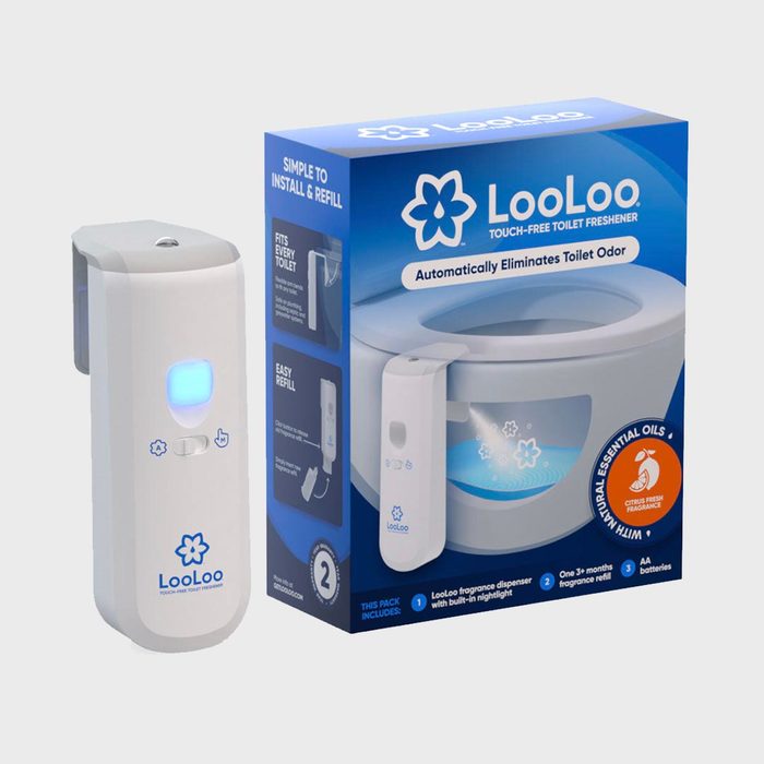 Dispenser sprays fragrance automatically, shown beside a toilet. Box highlights features: â€œLooLoo, touch-free toilet freshener, eliminates odor, easy refill, fits every toilet, citrus fresh.â€