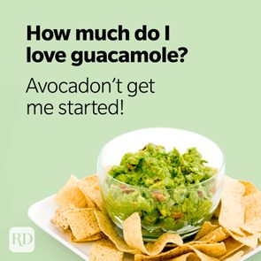Bowl holds guacamole surrounded by tortilla chips on plate; text reads, 