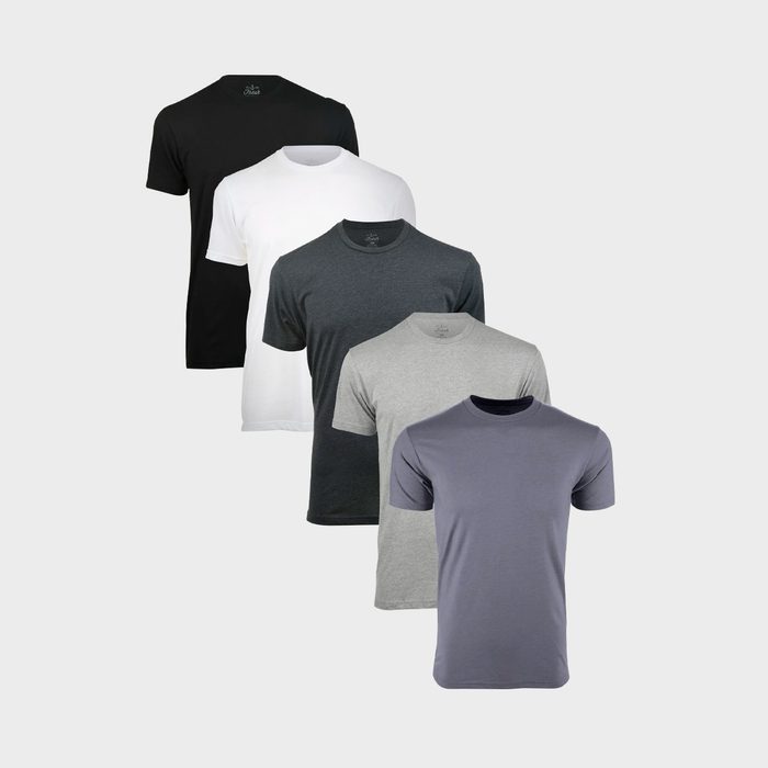 Five short-sleeved t-shirts arranged front to back in gray, light gray, dark gray, white, and black against a plain background.