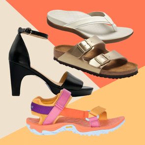 Various footwear styles displayed diagonally; white flip-flop, gold sandals, black high heels, colorful hiking sandal, against an abstract geometric background.