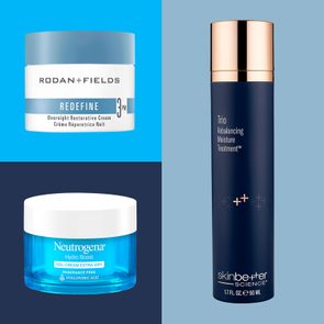Three skincare products displayed. A jar labeled 