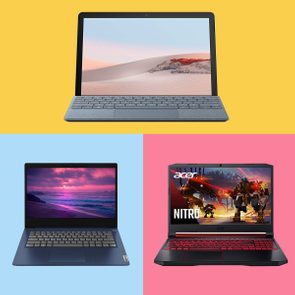 Three laptops displayed: one atop with a desert screen, one bottom left with a sunset, one bottom right showing a game scene labeled 