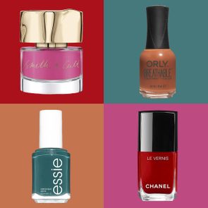Four nail polish bottles displayed on colored backgrounds: pink 