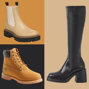 Three boots displayed: beige Chelsea boot with rubber sole, tan work boot with black padding, and tall black leather boot with block heel.