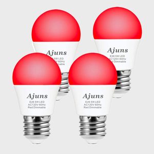 Four red-topped, dimmable LED light bulbs, labeled 