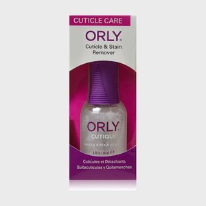 Bottle of Orly Cutique Cuticle & Stain Remover with purple cap, displayed in product packaging against a white background.