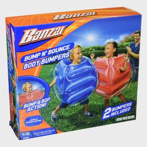 Children wearing inflatable body bumpers bump into each other playfully in a sunny park. Text reads: 