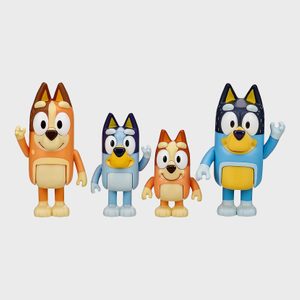 Four colorful cartoon dog figures stand and wave in a bright, plain background.