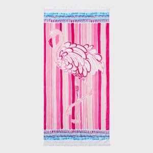 A towel displays a pink flamingo standing elegantly against vertical stripes, bordered by intricate blue patterns, on a white background.
