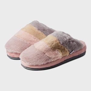 Furry, multicolored slippers rest on a plain white background, showcasing plush texture with pink, beige, and gray stripes.