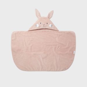 A beige hooded towel features a cute bunny face with ears, lying flat against a plain white background.