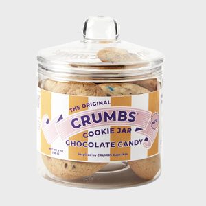 A transparent jar contains chocolate candy cookies, labeled 