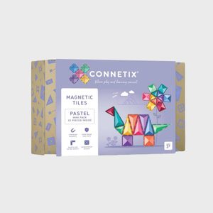 Box displays colorful magnetic tiles forming dinosaur, flowers; labeled 