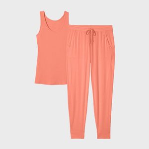Coral sleeveless shirt and jogger pants displayed on a white background.