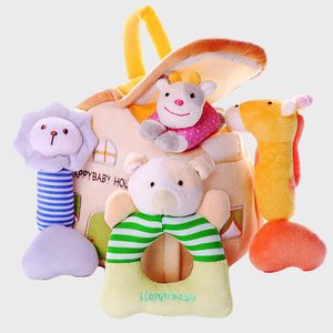 Plush toys arranged together, featuring a bear, giraffe, mouse, and flower, set against a soft toy house. Text: 