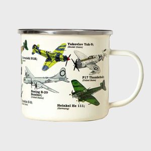 Mug showcases detailed, colorful illustrations of vintage airplanes, labeled by model and origin, against a plain background.