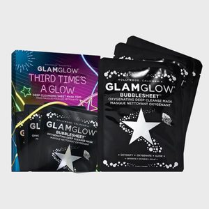 Face masks in black packaging display Glamglow branding, alongside a colorful box labeled 
