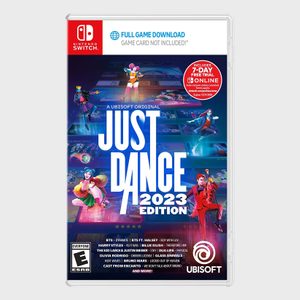 Just Dance 2023 cover features dancers striking energetic poses, surrounded by colorful graphics. Includes 7-day trial for online access. Text lists popular artists.