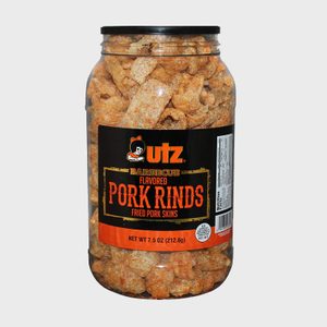 Jar holds barbecue-flavored pork rinds, labeled 