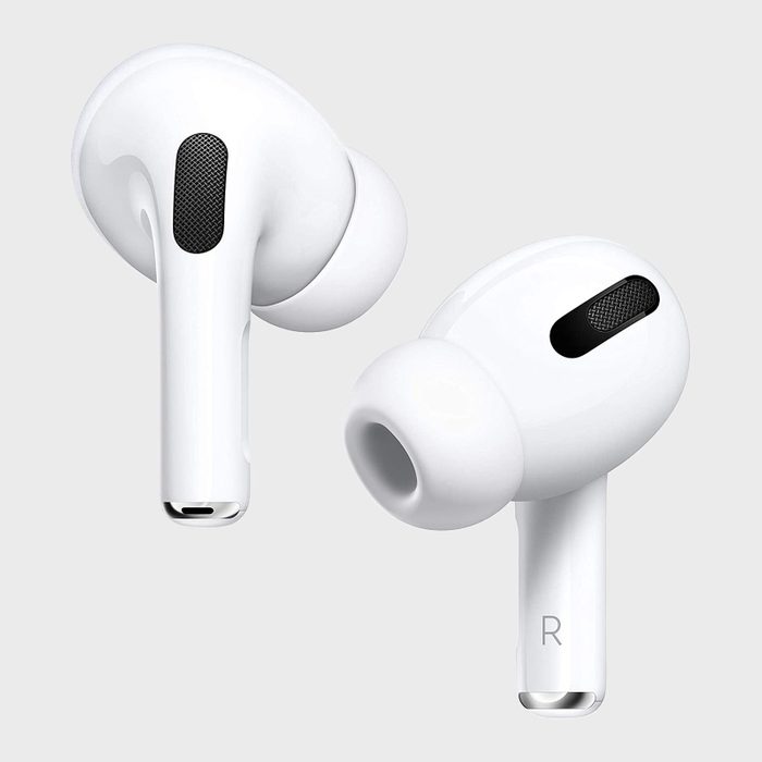 Two wireless earbuds positioned against a plain background, each displaying sleek curves and black speaker grills. One earbud is labeled with an 
