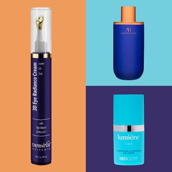 Three skincare products are displayed; a cream tube and two bottles, each with different colored backgrounds: orange, light blue, and deep blue.