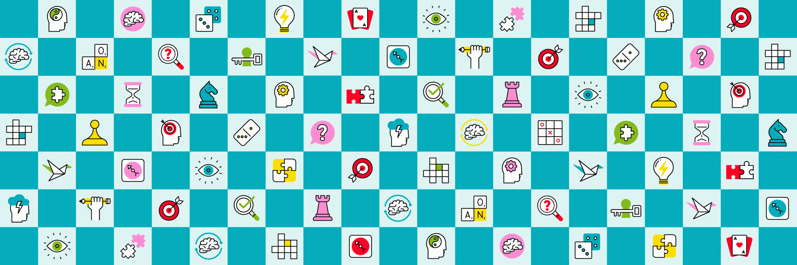 Icons display various objects like brains, puzzles, and magnifying glasses in an alternating blue and white grid pattern, suggesting mental and logical themes.