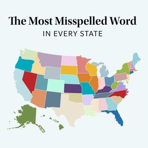 Map shows each U.S. state's most misspelled word, with states in various colors. Title: 