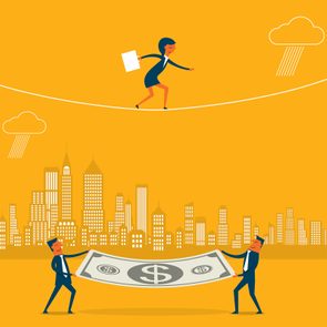 Person walks tightrope confidently, carrying a briefcase, above city skyline while two men hold safety net resembling a dollar bill below.