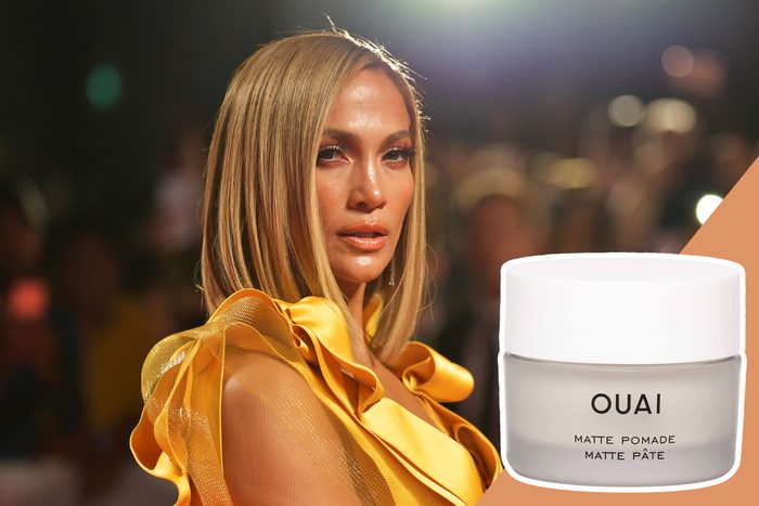 A person in a glamorous yellow dress poses confidently; a jar labeled 