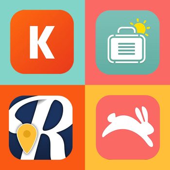 Four colorful app icons with travel themes: orange "K," suitcase with sun, letter "R" with map pin, and white rabbit silhouette.
