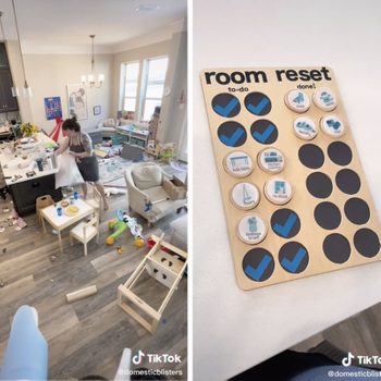 Room cluttered with toys, woman tidies; chart lists tasks like "trash," "laundry," and "tables," with completed tasks checked off.