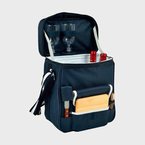 Backpack holds wine bottles, glasses, and a cutting board, featuring compartments and straps, set against a plain backdrop.