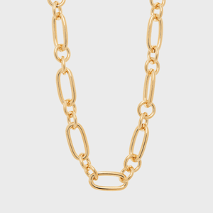 Gold chain links dangle against a plain white background, creating a simple, elegant pattern with elongated oval shapes.